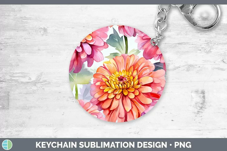 Watercolor Flowers Zinnia Keychain Sublimation Keyring Desig