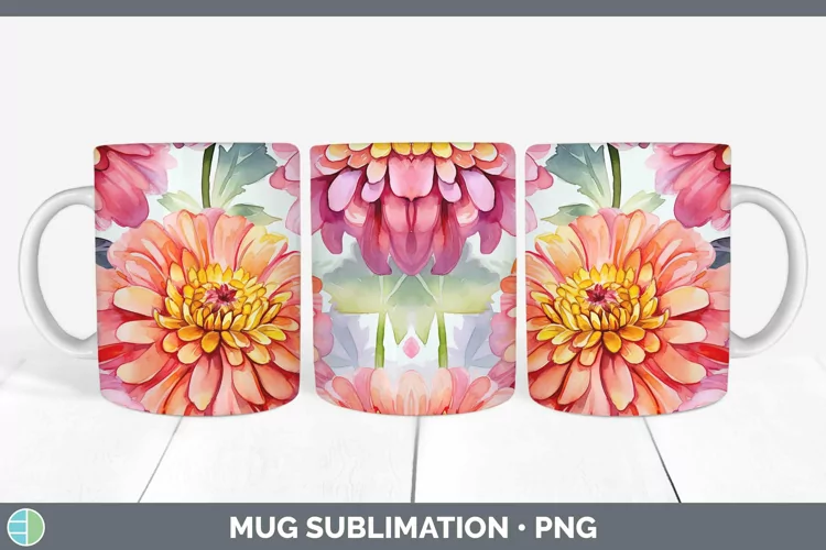 Watercolor Flowers Zinnia Mug Wrap Sublimation Coffee Cup De