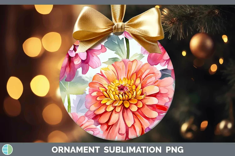 Watercolor Flowers Zinnia Ornament Sublimation Bauble Design