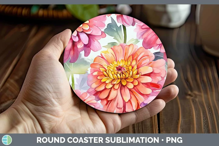 Watercolor Flowers Zinnia Round Coaster Sublimation Coaster