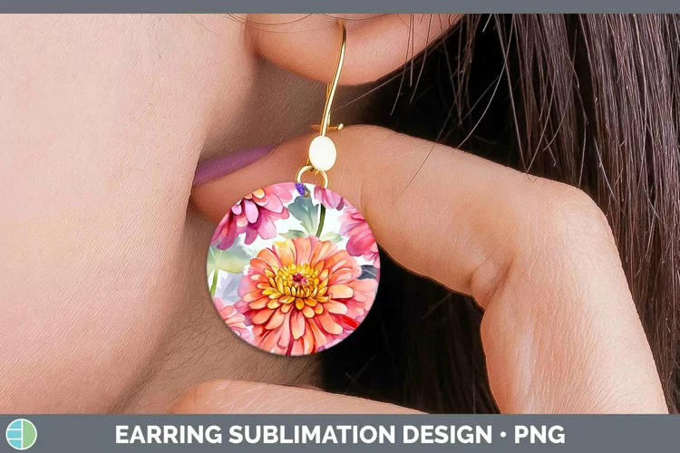 Watercolor Flowers Zinnia Round Earrings Sublimation Earring