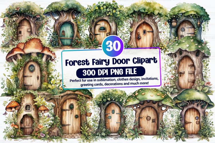 Watercolor Forest Fairy Door Clipart Bundle example image 1