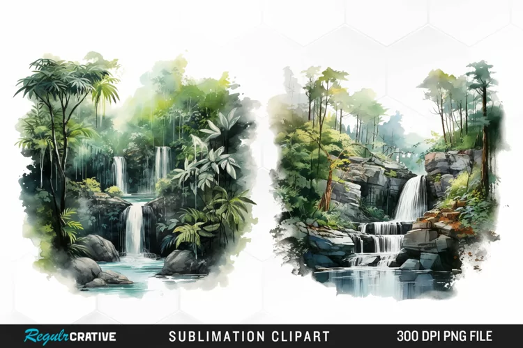 Watercolor Forest Waterfalls Graphics Clipart