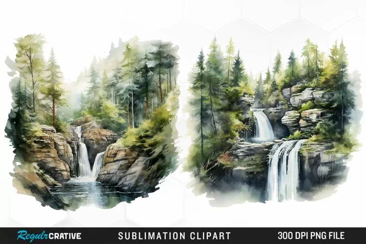 Watercolor Forest Waterfalls Graphics Clipart