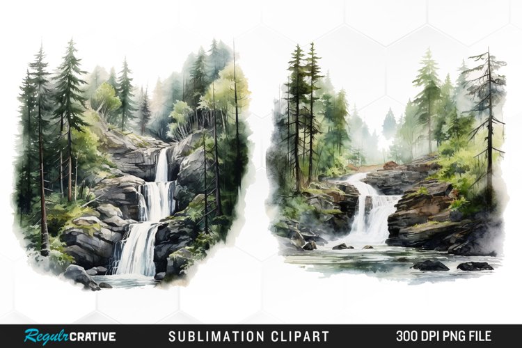 Watercolor Forest Waterfalls Graphics Clipart