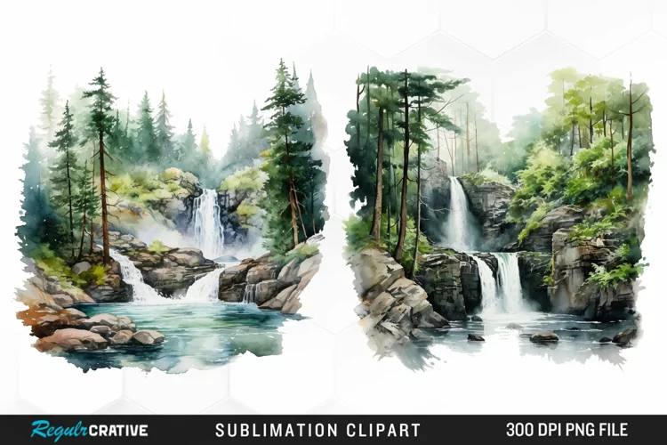 Watercolor Forest Waterfalls Graphics Clipart