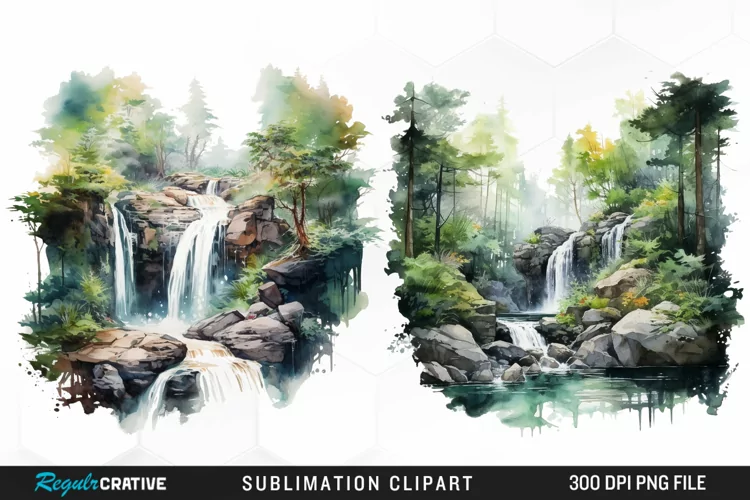 Watercolor Forest Waterfalls Graphics Clipart