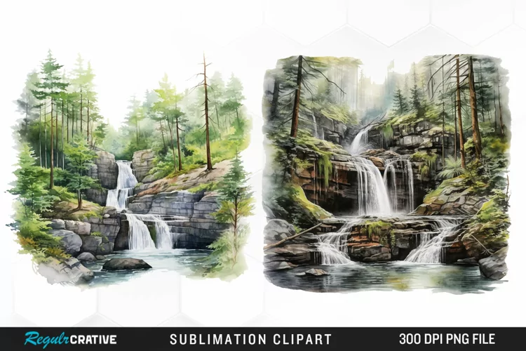 Watercolor Forest Waterfalls Graphics Clipart