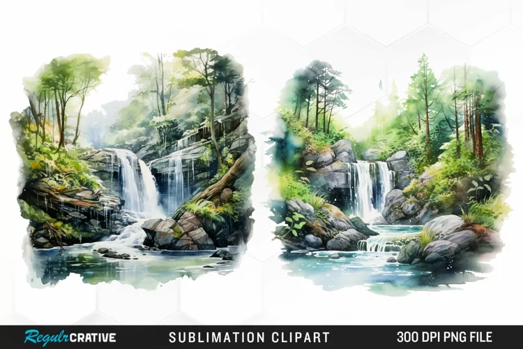 Watercolor Forest Waterfalls Graphics Clipart