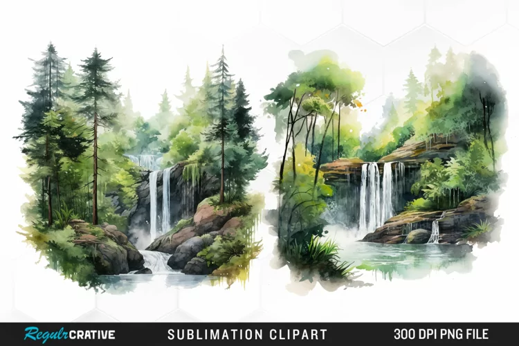 Watercolor Forest Waterfalls Graphics Clipart
