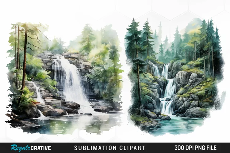 Watercolor Forest Waterfalls Graphics Clipart