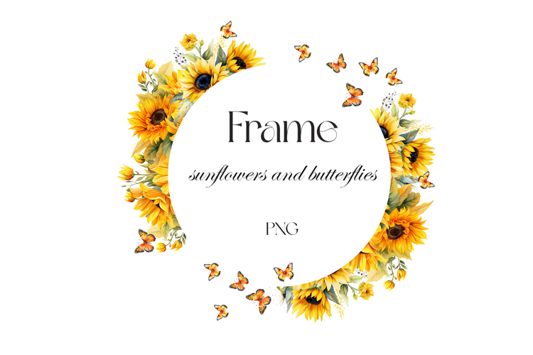 Frame sunflowers and butterflies. Garden flowers frame