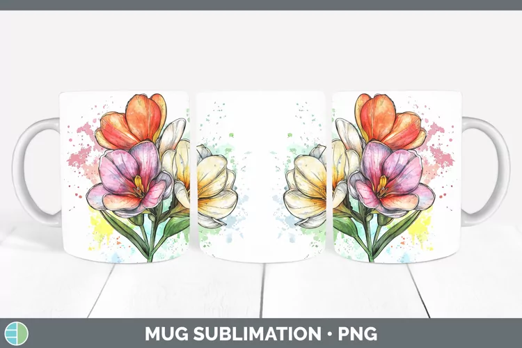 Watercolor Freesia Mug Wrap Sublimation Coffee Cup Designs