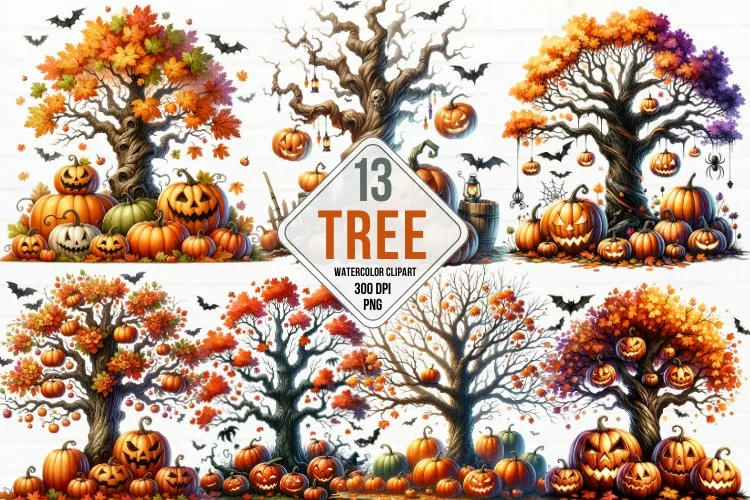 watercolor halloween tree clipart, tree sublimation