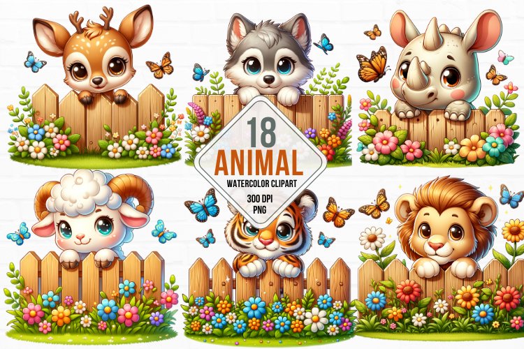 Watercolor Funny Animal on Fence Clipart Bundle