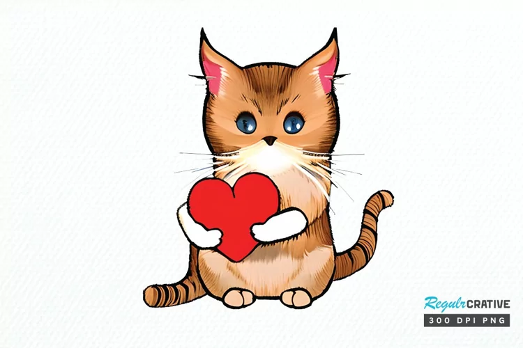 Watercolor Funny Cat Valentine PNG Clipart