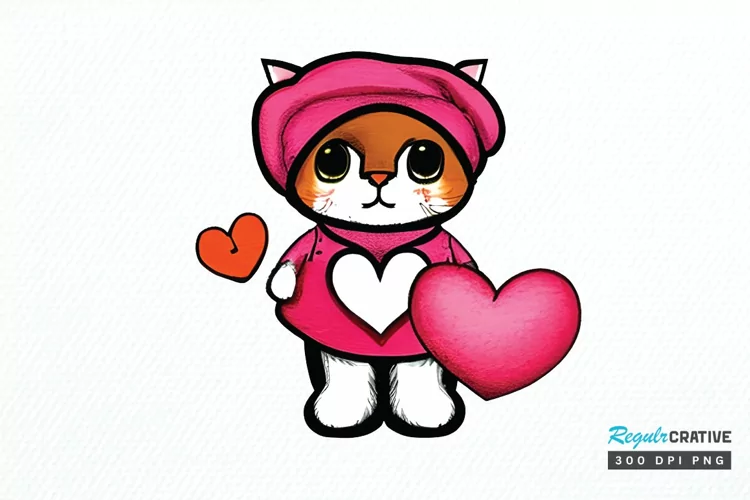 Watercolor Funny Cat Valentine PNG Clipart