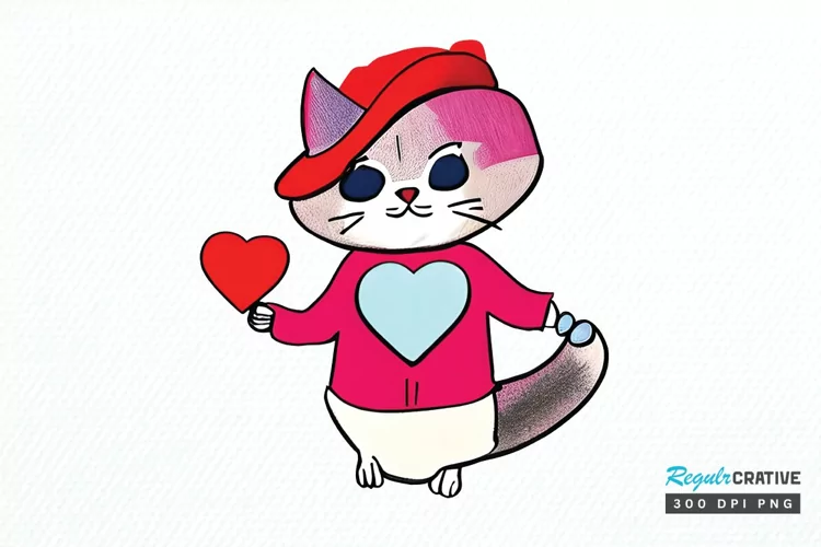 Watercolor Funny Cat Valentine PNG Clipart