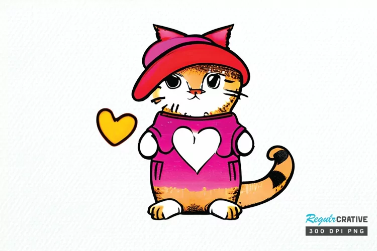 Watercolor Funny Cat Valentine PNG Clipart