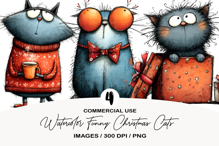 Watercolor Funny Christmas Cats Clipart