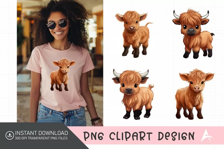 Watercolor Funny Cute Highland Baby Cow Clipart