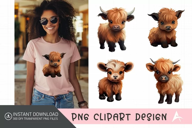 Watercolor Funny Cute Highland Baby Cow Clipart