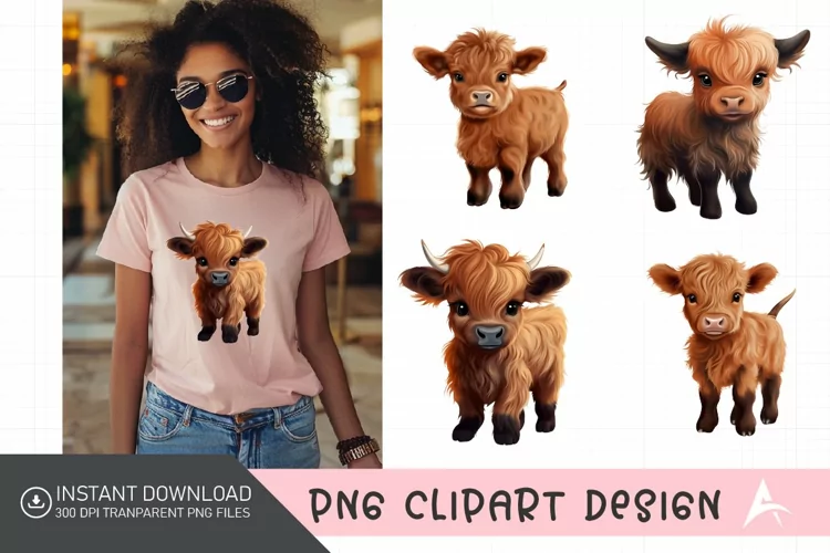 Watercolor Funny Cute Highland Baby Cow Clipart