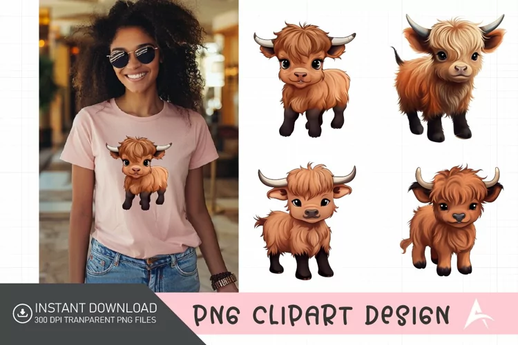 Watercolor Funny Cute Highland Baby Cow Clipart