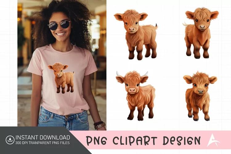 Watercolor Funny Cute Highland Baby Cow Clipart