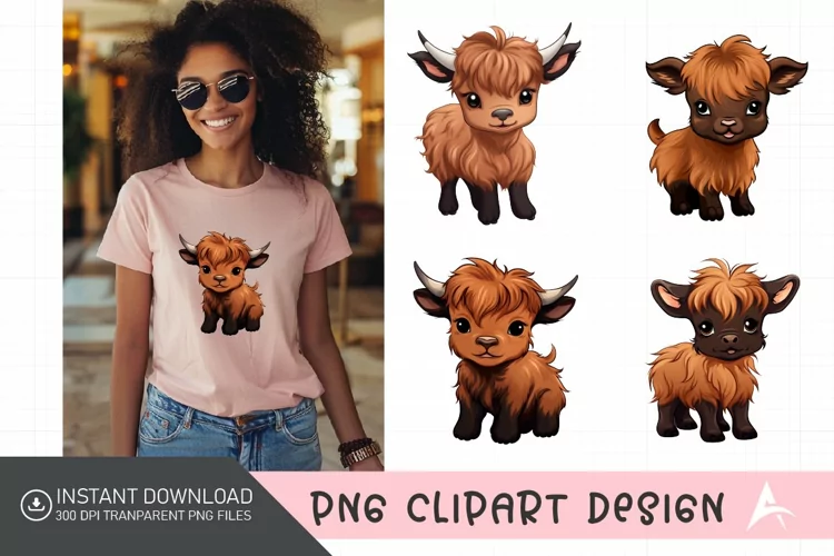 Watercolor Funny Cute Highland Baby Cow Clipart