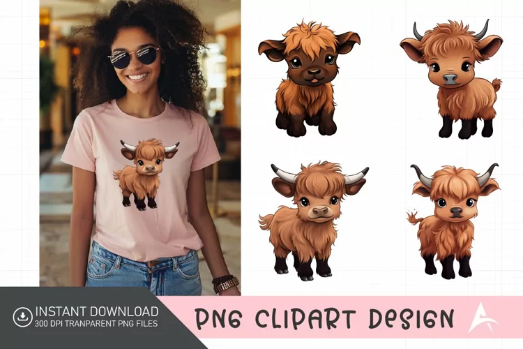 Watercolor Funny Cute Highland Baby Cow Clipart