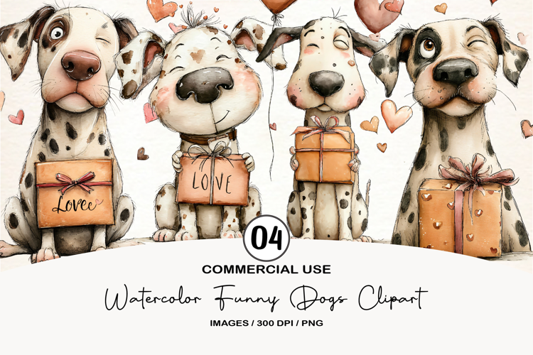 Watercolor Funny Dogs Clipart, 4 Animal Sublimation Design