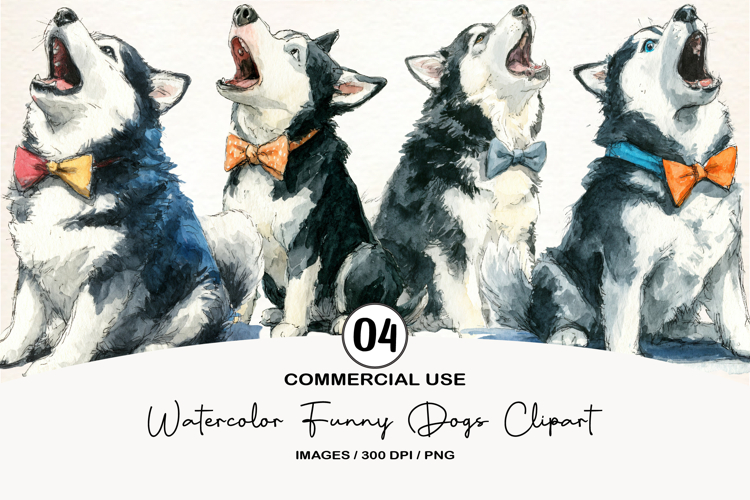 Watercolor Funny Dogs Clipart, 4 Animal Sublimation Design