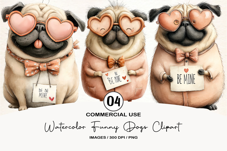 Watercolor Funny Dogs Clipart, 4 Animal Sublimation Design