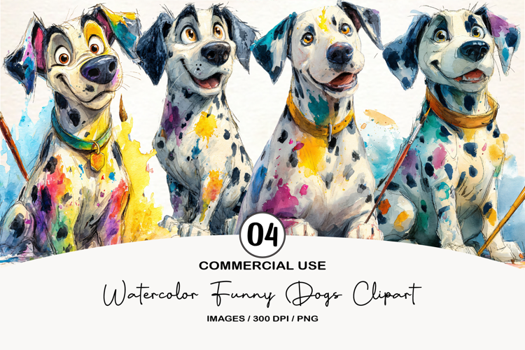 Watercolor Funny Dogs Clipart, 4 Animal Sublimation Design