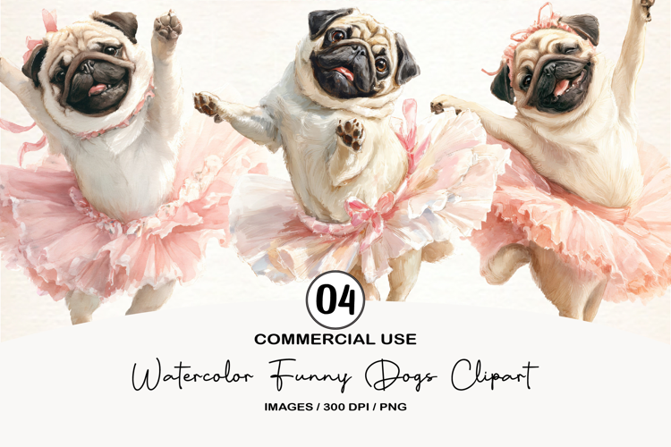 Watercolor Funny Dogs Clipart, 4 Animal Sublimation Design