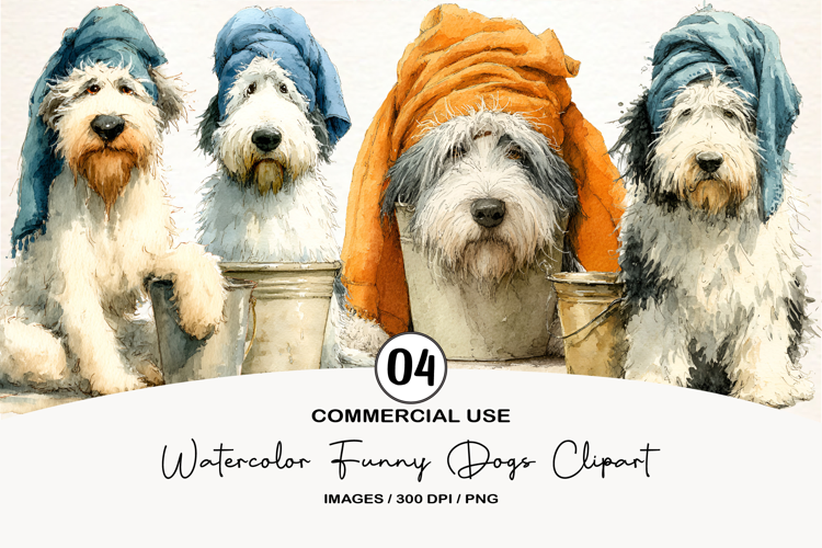 Watercolor Funny Dogs Clipart, 4 Animal Sublimation Design