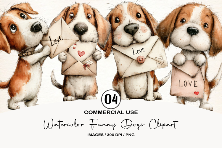 Watercolor Funny Dogs Clipart, 4 Animal Sublimation Design