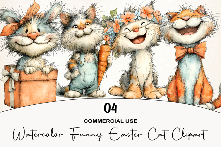 Watercolor Funny Easter Cat Clipart