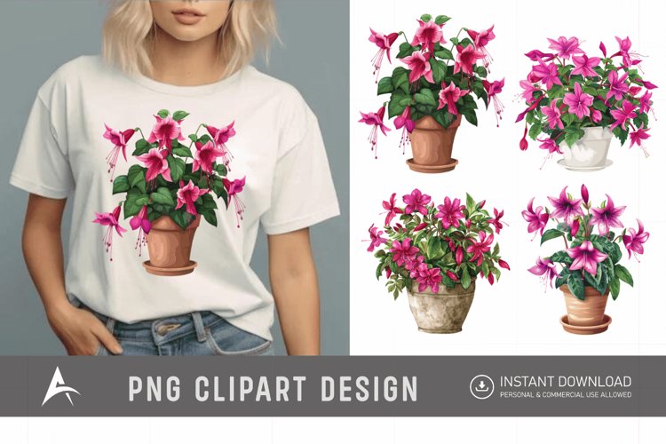 Watercolor Fuchsia Flowers in Pots Clipart