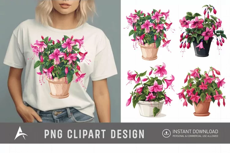 Watercolor Fuchsia Flowers in Pots Clipart