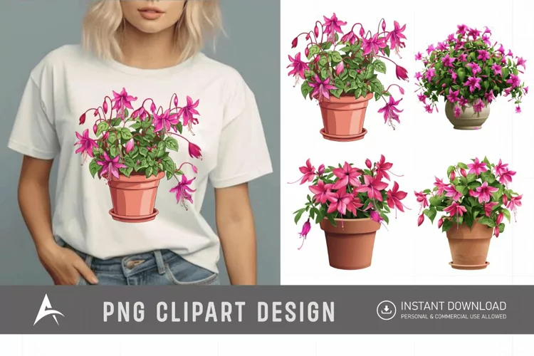 Watercolor Fuchsia Flowers in Pots Clipart