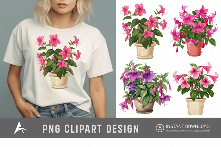 Watercolor Fuchsia Flowers in Pots Clipart