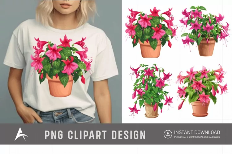 Watercolor Fuchsia Flowers in Pots Clipart