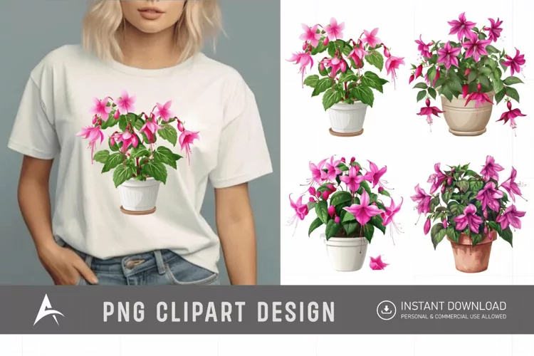 Watercolor Fuchsia Flowers in Pots Clipart