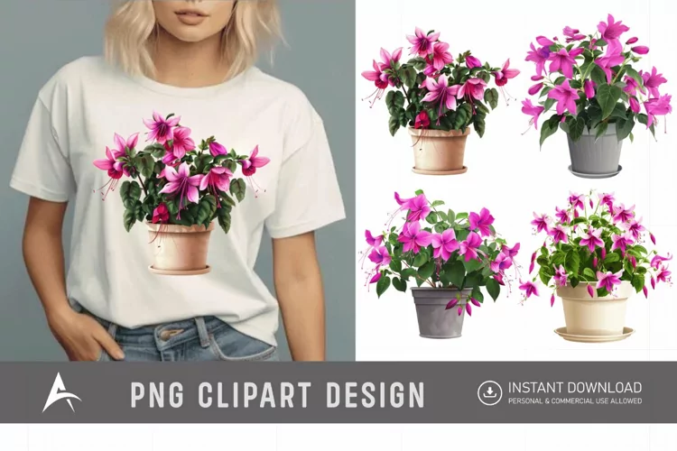 Watercolor Fuchsia Flowers in Pots Clipart
