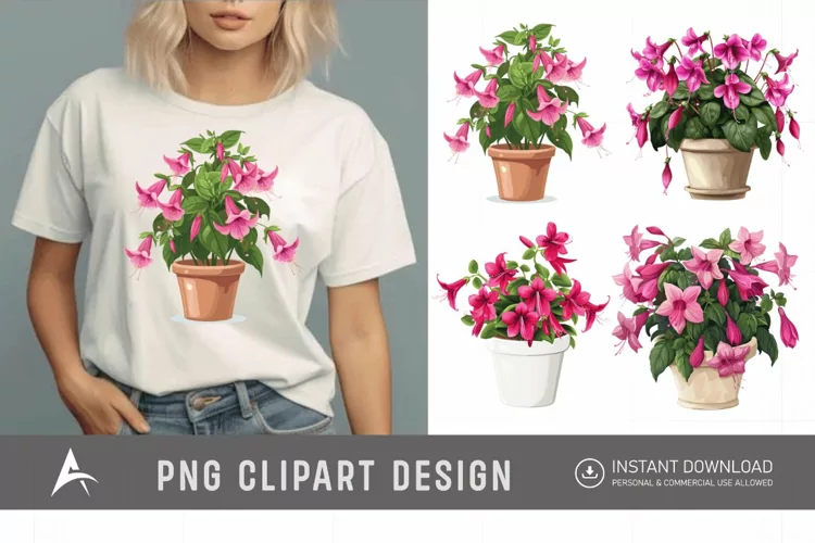 Watercolor Fuchsia Flowers in Pots Clipart