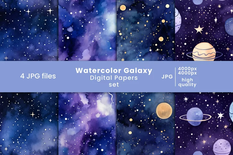 watercolor galaxy digital paper and blue sky patterns