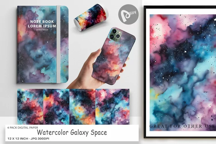 Digital Paper Watercolor Galaxy Space