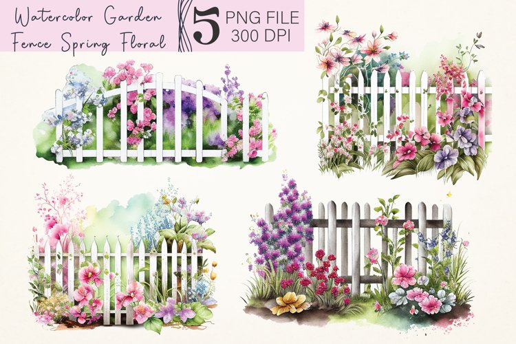 Watercolor Garden Fence Spring Floral PNG Sublimation Design example image 1